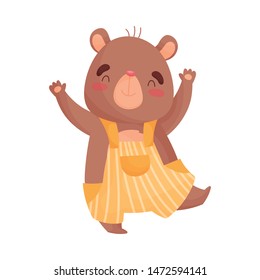 Humanized little bear is standing on one leg. Vector illustration on white background.