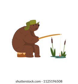 Humanized male bear character catching fish with rod cartoon vector Illustration on a white background