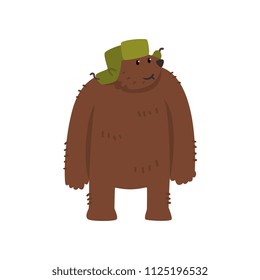 Humanized male bear character in green earflap standing cartoon vector Illustration on a white background