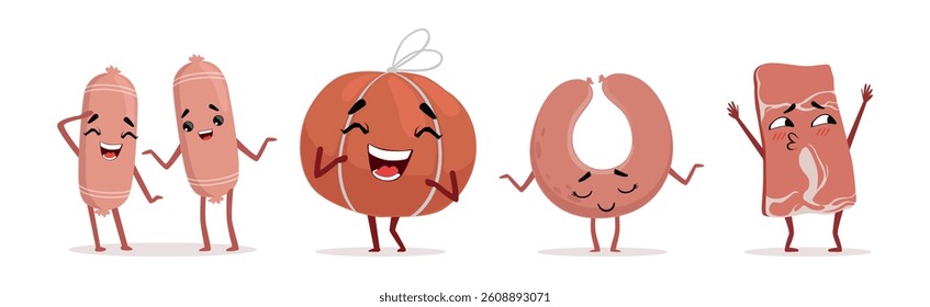 Humanized Meat Product Character with Face and Arms Vector Set