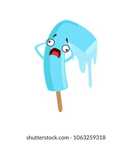 Humanized melting ice lolly with frightened face expression. Sweet dessert. Cartoon character of blue ice-cream with little hands. Flat vector