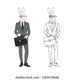 Humanized nerdy rabbit man hipster dressed up in business office style with suitcase. Hand drawn vector illustration. Furry art image. Anthropomorphic animal.