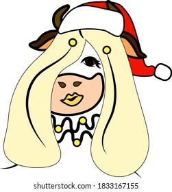 humanized new year's portrait of a cow in a new year's red cap, drawn in vector, on a white background isolated. A series of 12 images.
