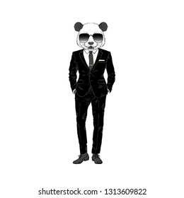 Humanisierter Panda Bär cooler Mann gekleidet in schwarzem Business Anzug. Handgezeichnete Vektorillustration. Furry Art Bild.