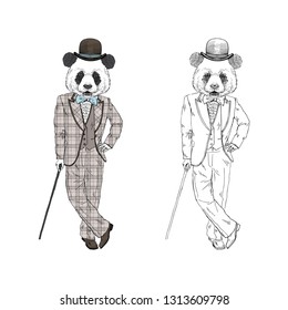 Humanized panda bear man dressed up in vintage gentleman suit bowler hat with walking stick. Hand drawn vector illustration. Furry art image.