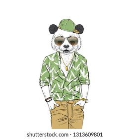 Humanized panda bear man hipster dressed up in Aloha hawaiian shirt with bamboo print sunglasses and cap. Hand drawn vector illustration. Furry art image.