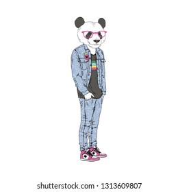 Humanized panda bear man hipster dressed up in retro 80's jeans outfits. Hand drawn vector illustration. Furry art image.