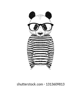 Humanized panda bear man hipster dressed up in nordic stripy frock. Hand drawn vector illustration. Furry art image. Black and white print design.