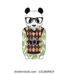 Humanized panda bear man hipster with photo camera dressed up in retro shirt with bamboo print and knitted argyle gilet. Hand drawn vector illustration. Furry art image.