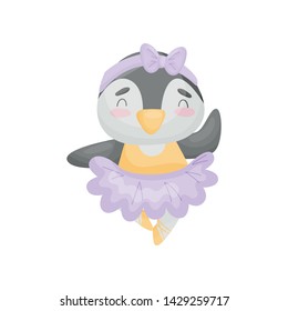 Humanized penguin in a dress of a ballerina. Vector illustration on white background.