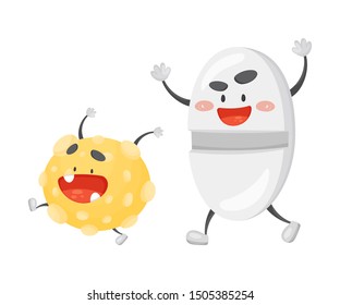 Humanized pill chases the virus. Vector illustration on a white background.