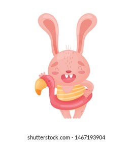 Humanized pink hare with an inflatable circle. Vector illustration on white background.