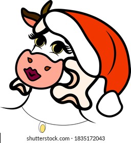 humanized portrait of a blond cow hairstyle in the style of 30 years, in a new year's red cap , drawn in vector, on a white background isolated. A series of 12 images.