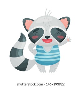 Humanized raccoon waving his hand. Vector illustration on white background.