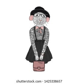 Humanized rat girl hipster dressed up in stripy top, hat, glasses. Hand drawn vector illustration. Furry art image. Anthropomorphic animal.