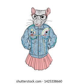 Humanized rat girl hipster dressed up in 90's retro jeans style. Hand drawn vector illustration. Furry art image. Anthropomorphic animal.