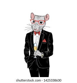Humanized rat man hipster dressed up in classy tuxedo with champagne. Hand drawn vector illustration. Furry art image. Anthropomorphic animal.
