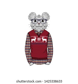 Humanized rat man hipster dressed up in jacquard pullover and plaid shirt. Hand drawn vector illustration. Merry Christmas Furry art image. Anthropomorphic animal.