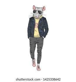 Humanized rat man hipster dressed up in modern urban style. Hand drawn vector illustration. Furry art image. Anthropomorphic animal.