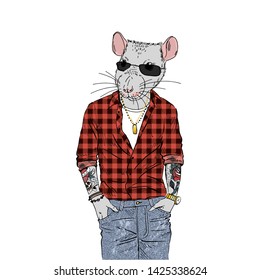 Humanized rat man hipster with tattoo dressed up in plaid shirt and jeans. Hand drawn vector illustration. Furry art image. Anthropomorphic animal.