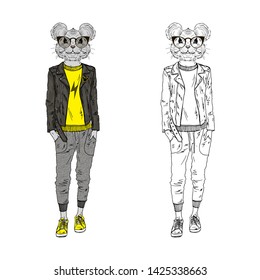 Humanized rat teenager girl hipster dressed up in modern urban style. Hand drawn vector illustration. Furry art image. Anthropomorphic animal.