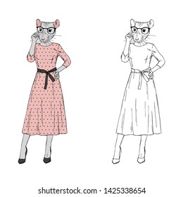 Humanized rat woman hipster dressed up in pink dotty dress and glasses. Hand drawn vector illustration. Furry art image. Anthropomorphic animal.