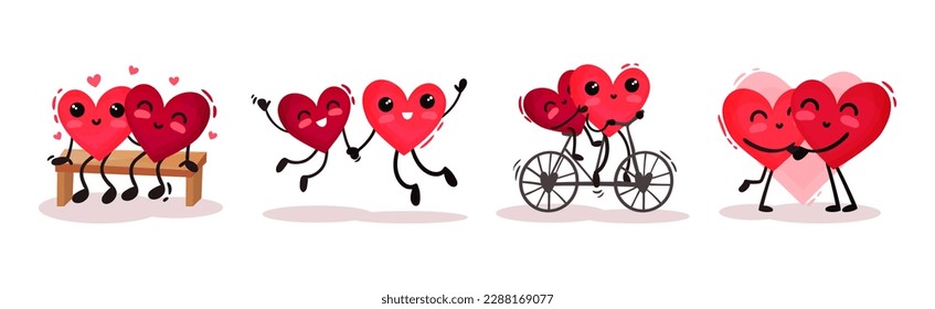 Humanized Red Hearts Couple Together Feeling Amour and Love Vector Set