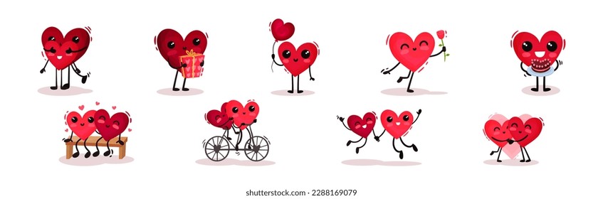 Humanized Red Hearts Couple Together Feeling Amour and Love Vector Set