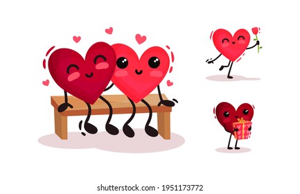 Humanized Red Hearts Holding Gift Box and Embracing Sitting on Bench Vector Set