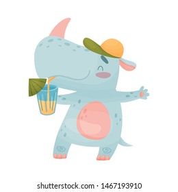 Humanized rhino drinks a cocktail. Vector illustration on white background.