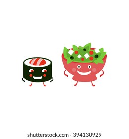 Humanized Roll And Salad Funny  Flat Vector Illustration In Cartoon Style Isolated On White Background