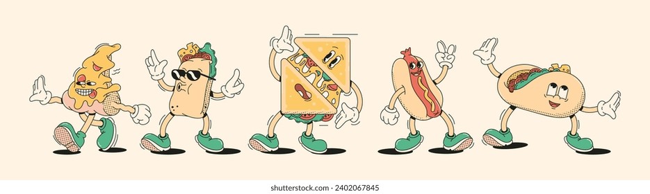 Sándwiches humanizados en un conjunto de ilustraciones vectoriales de dibujos retro. Caracteres Snack: diseño de elementos de animación vintage. Cafetería infantil