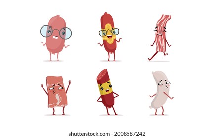 Humanized Sausage Characters Set, Cute Sausages with Funny Faces Showing Different Emotions Cartoon Vector Illustration