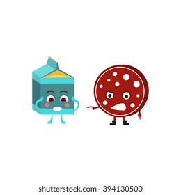 Humanized Sausage And Milk Funny  Flat Vector Illustration In Cartoon Style Isolated On White Background