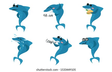 Humanized shark experiences different emotions. Vector illustration.