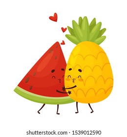 Humanized slice of watermelon and pineapple are hugged. Vector illustration on a white background.