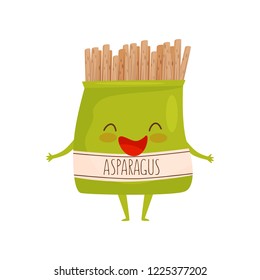 Humanized soy asparagus packaging. Healthy food. Cartoon character with happy face. Vegetarian nutrition. Flat vector icon