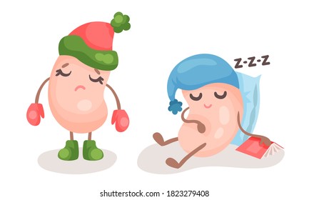 Humanized Soy Bean Character Sleeping and Feeling Sad Vector Set