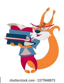 Humanized squirrel character. Glasses with a pile of documents.  Flat illustration