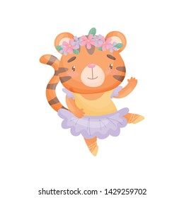 Humanized tiger in a ballerina dress. Vector illustration on white background.