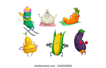 Humanized vegetables and fruits athletes. Vector illustration.