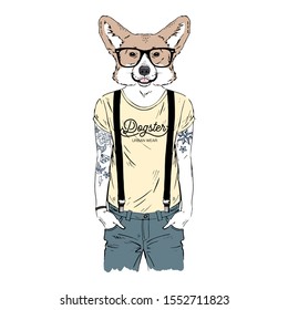 Humanized Welsh Corgi breed dog with tattoo dressed up in modern city outfits. Design for dogs lovers. Fashion anthropomorphic doggy illustration. Animal wear t-shirt, jeans, glasses. Hand drawn