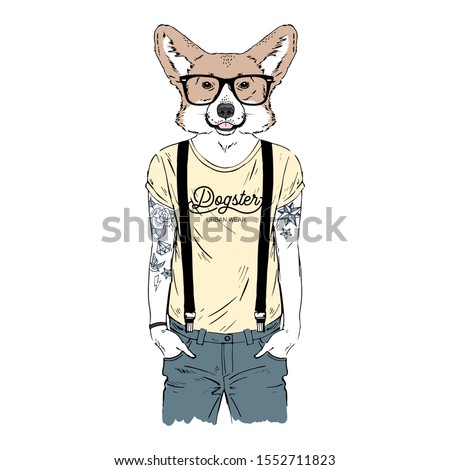 Humanized Welsh Corgi breed dog with tattoo dressed up in modern city outfits. Design for dogs lovers. Fashion anthropomorphic doggy illustration. Animal wear t-shirt, jeans, glasses. Hand drawn