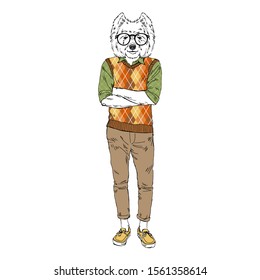 Humanized West Highland white terrier breed dog dressed up in nerdy hipster outfits. Design for dogs lovers. Fashion anthropomorphic doggy illustration. Animal wear plaid shirt, trousers, glasses