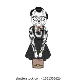 Humanized West Highland white terrier breed dog dressed up in hipster outfits. Design for dogs lovers. Fashion anthropomorphic doggy illustration. Hand drawn vector.