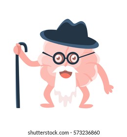 Humanized Wise And Old Brain With Walking Stick And Long Beard , Intellect Human Organ Cartoon Character Emoji Icon