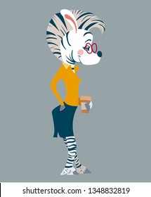 Humanized zebra with cup of coffee. Businessman character.  