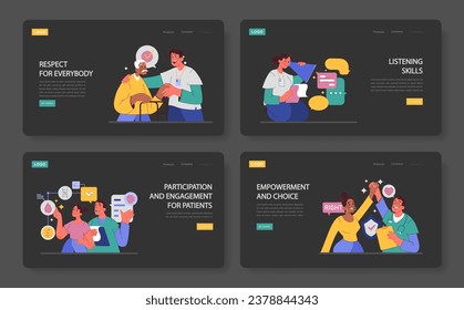 Humanizing healthcare dark or night mode web banner or landing page set. Modern physician approach on medical treatment and patient assistance. Doctor commitment and alliance. Flat vector illustration