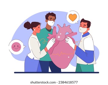 Humanizing healthcare. Modern physician approach on medical treatment and patient assistance. Doctor ethical commitment and alliance. Flat vector illustration