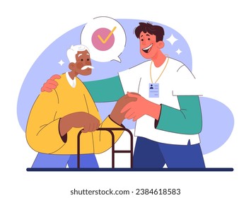 Humanizing healthcare. Modern physician approach on medical treatment and patient assistance. Doctor' respect, ethical commitment and alliance. Flat vector illustration